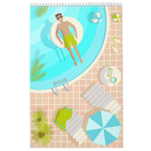 Swimming pool guy on tropical summer beach vacay calendar