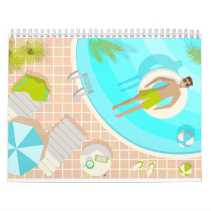 Swimming pool guy on tropical summer beach vacay calendar