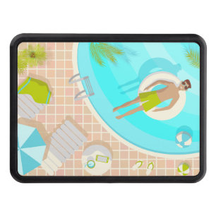 Swimming pool guy on tropical summer beach vacay hitch cover