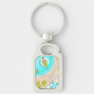 Swimming pool guy on tropical summer beach vacay keychain