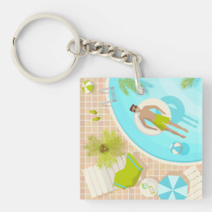 Swimming pool guy on tropical summer beach vacay keychain
