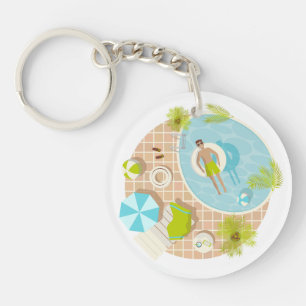 Swimming pool guy on tropical summer beach vacay keychain