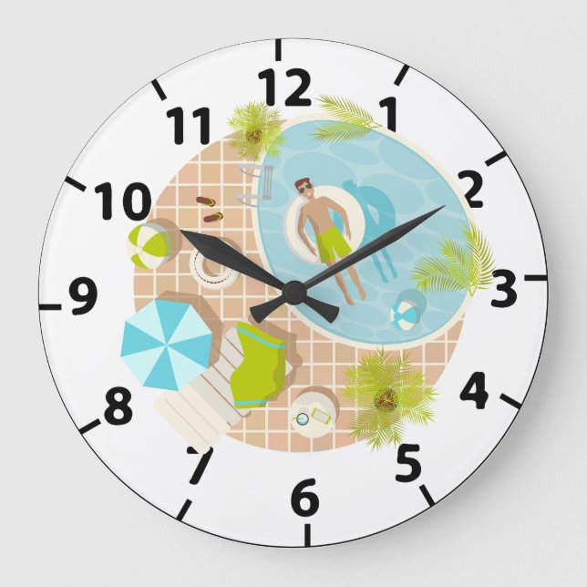 Swimming pool guy on tropical summer beach vacay large clock (Front)
