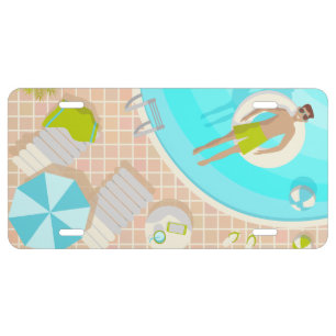 Swimming pool guy on tropical summer beach vacay license plate