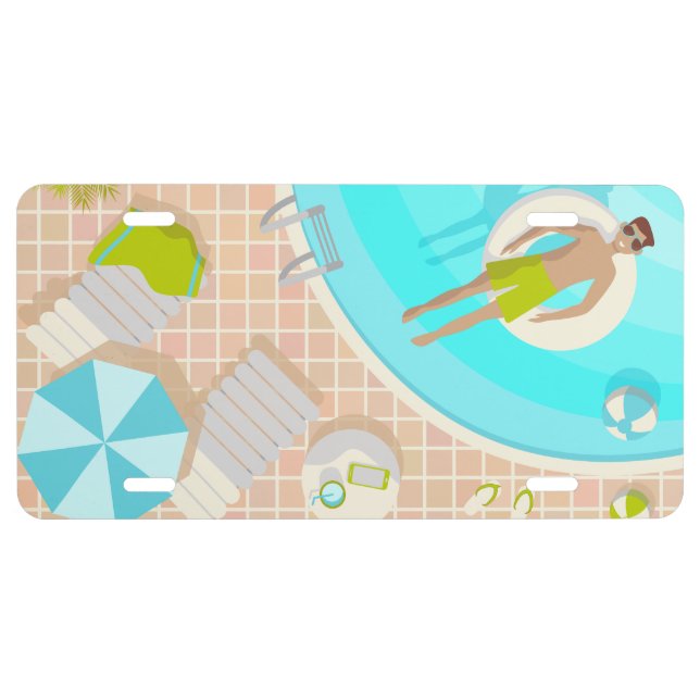 Swimming pool guy on tropical summer beach vacay license plate (Front)