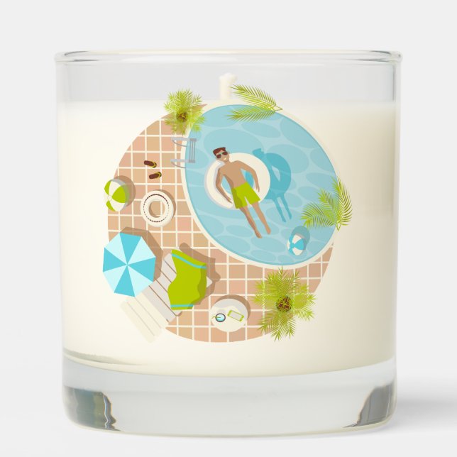 Swimming pool guy on tropical summer beach vacay scented candle (Front)