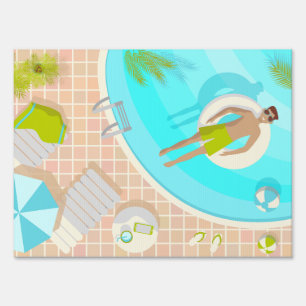 Swimming pool guy on tropical summer beach vacay sign