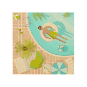 Swimming pool guy on tropical summer beach vacay wood wall art