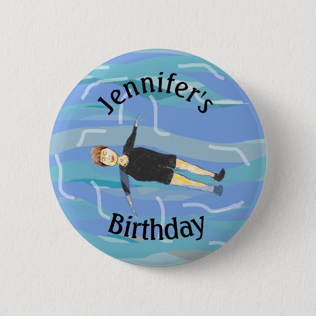 Swimming Pool Party Birthday Girl Blue Water Button (Front)