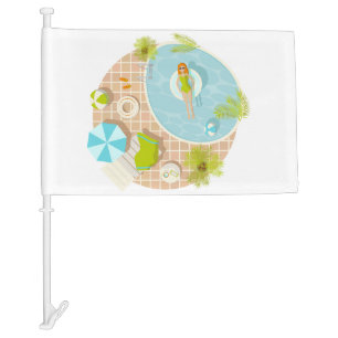 Swimming pool party girl in bikini summer beach car flag