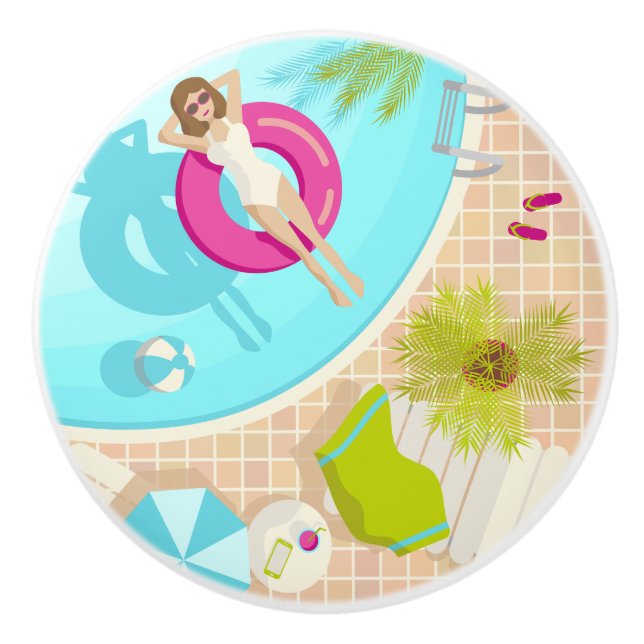 Swimming pool party girl in bikini summer beach  ceramic knob (Front)
