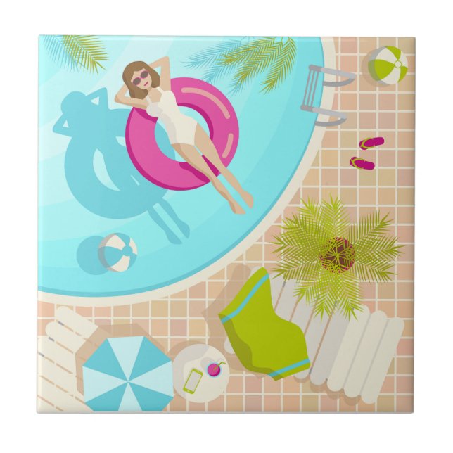 Swimming pool party girl in bikini summer beach  ceramic tile (Front)