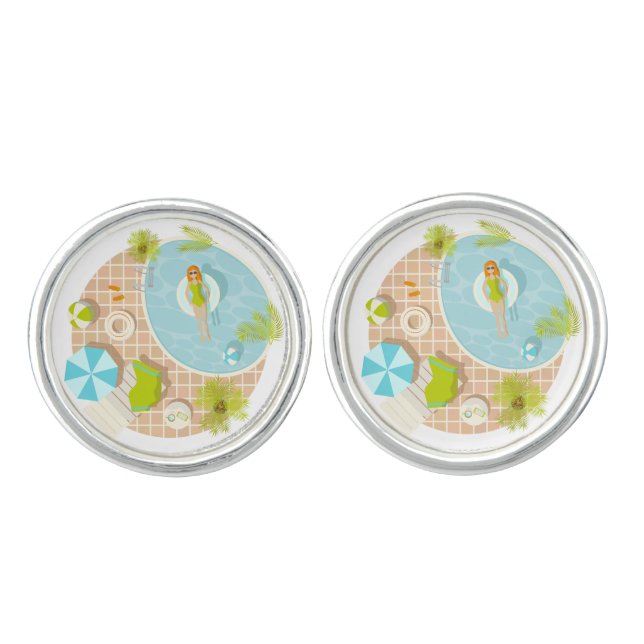 Swimming pool party girl in bikini summer beach  cufflinks (Front)