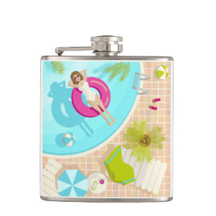 Swimming pool party girl in bikini summer beach flask