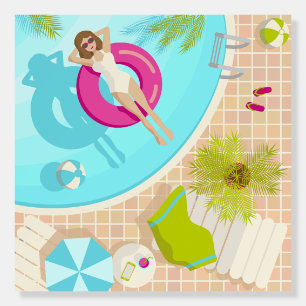 Swimming pool party girl in bikini summer beach foam board