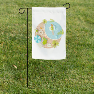 Swimming pool party girl in bikini summer beach garden flag
