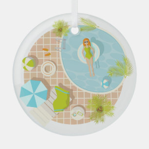 Swimming pool party girl in bikini summer beach  glass ornament