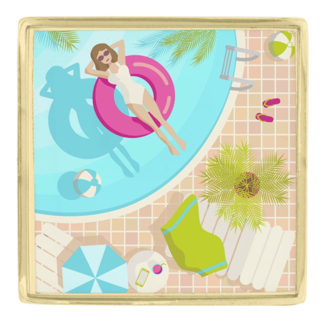 Swimming pool party girl in bikini summer beach  gold finish lapel pin (Front)