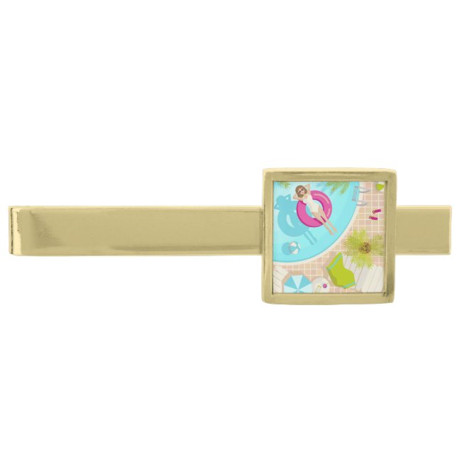 Swimming pool party girl in bikini summer beach  gold finish tie bar (Front)