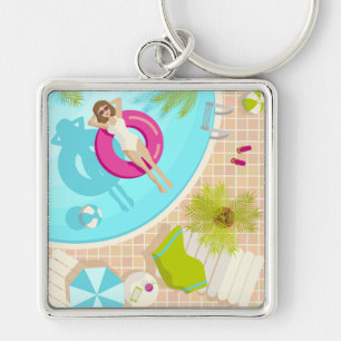 Swimming pool party girl in bikini summer beach keychain