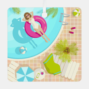 Swimming pool party girl in bikini summer beach metal ornament