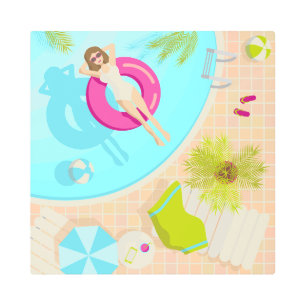 Swimming pool party girl in bikini summer beach metal print