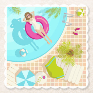 Swimming pool party girl in bikini summer beach paper coaster