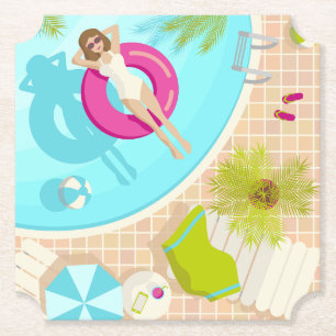 Swimming pool party girl in bikini summer beach paper coaster