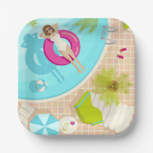 Swimming pool party girl in bikini summer beach paper plates