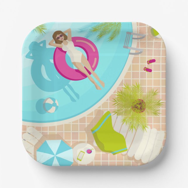 Swimming pool party girl in bikini summer beach  paper plates (Front)