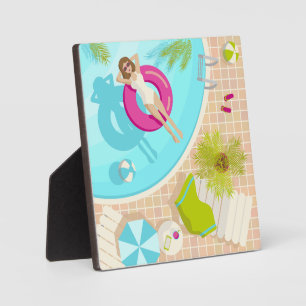 Swimming pool party girl in bikini summer beach plaque