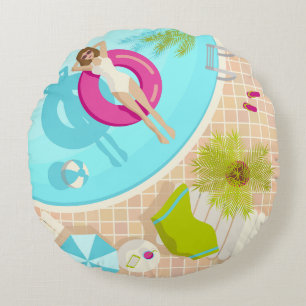 Swimming pool party girl in bikini summer beach round pillow