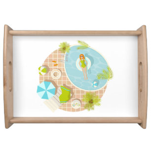Swimming pool party girl in bikini summer beach  serving tray