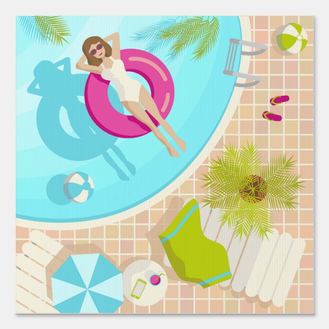 Swimming pool party girl in bikini summer beach  sign (Front)