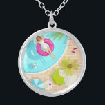 Swimming pool party girl in bikini summer beach  silver plated necklace<br><div class="desc">Summer tropical illustrations with a girl in a swimming pool</div>
