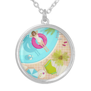 Swimming pool party girl in bikini summer beach silver plated necklace