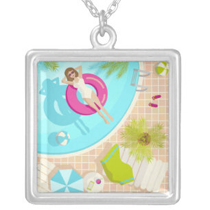 Swimming pool party girl in bikini summer beach  silver plated necklace
