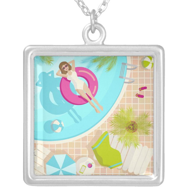 Swimming pool party girl in bikini summer beach  silver plated necklace (Front)