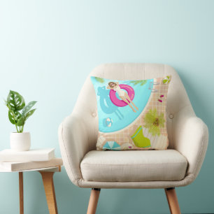 Swimming pool party girl in bikini summer beach  throw pillow
