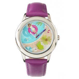 Swimming pool party girl in bikini summer beach watch