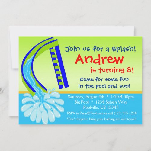 Swimming Pool Party - Green Water Slide Birthday Personalized Invites