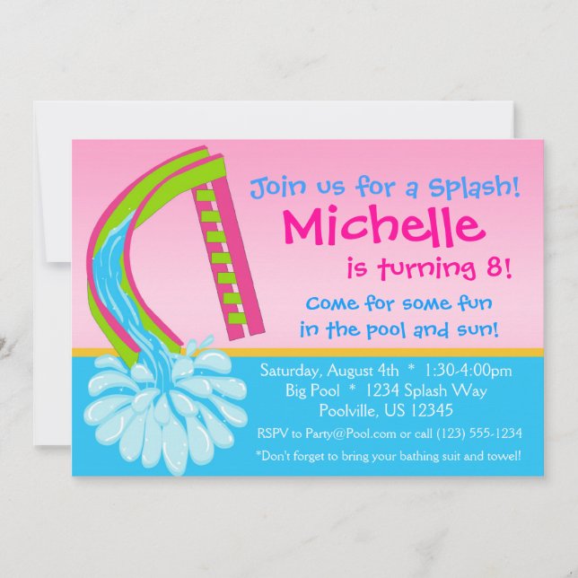 Swimming Pool Party - Pink Water Slide Birthday Invitation (Front)
