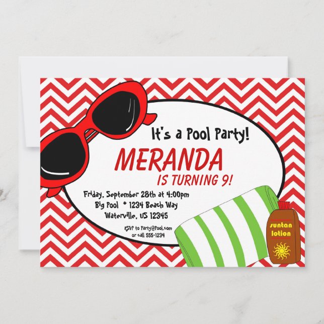 Swimming Pool Party - Red Chevron Birthday Invite (Front)