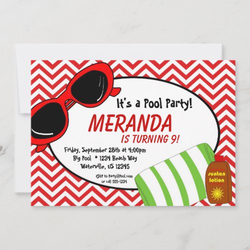 Swimming Pool Party - Red Chevron Birthday Invite