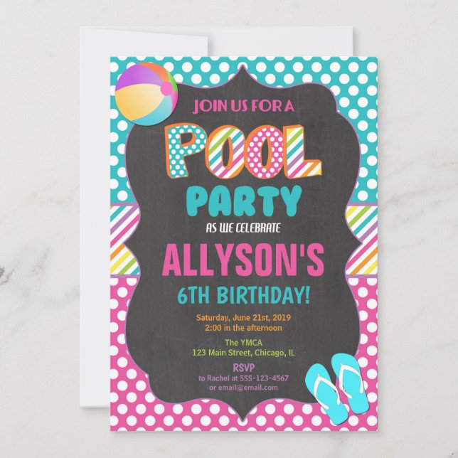 Swimming pool party summer birthday party girl invitation (Front)