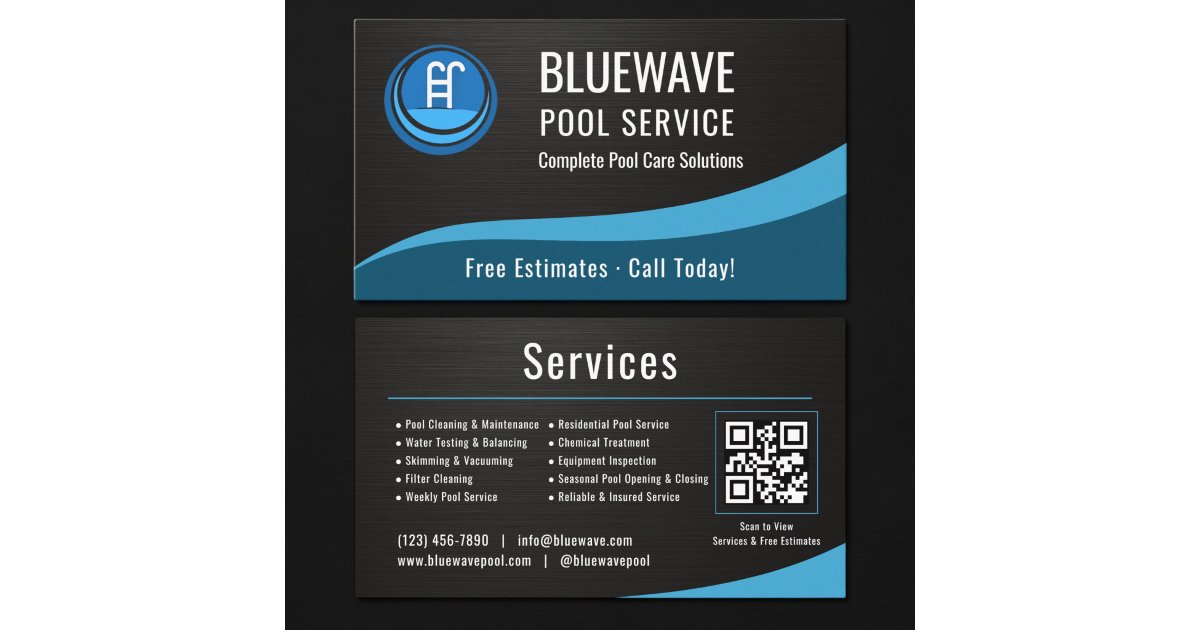 Swimming Pool Service QR Code Metallic Business Card | Zazzle