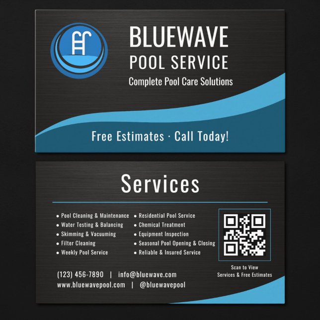  Swimming Pool Service QR Code Metallic Business Card (Creator Uploaded)