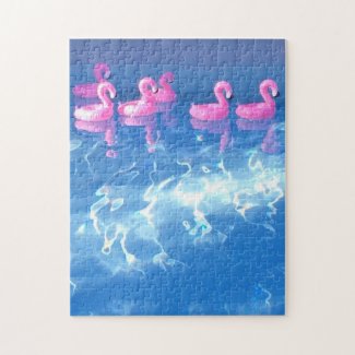 Swimming Pool with inflatable pink flamingo's Jigsaw Puzzle