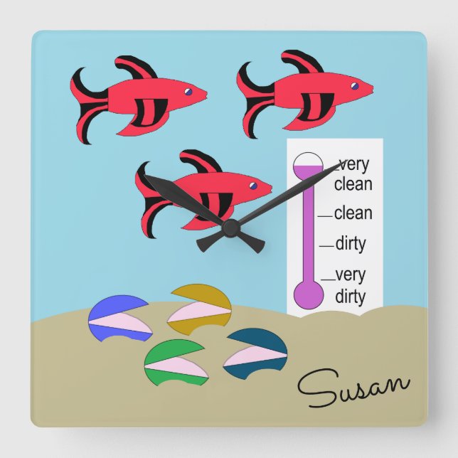 Swimming Red and Black Fish with Clams: Square Wall Clock (Front)