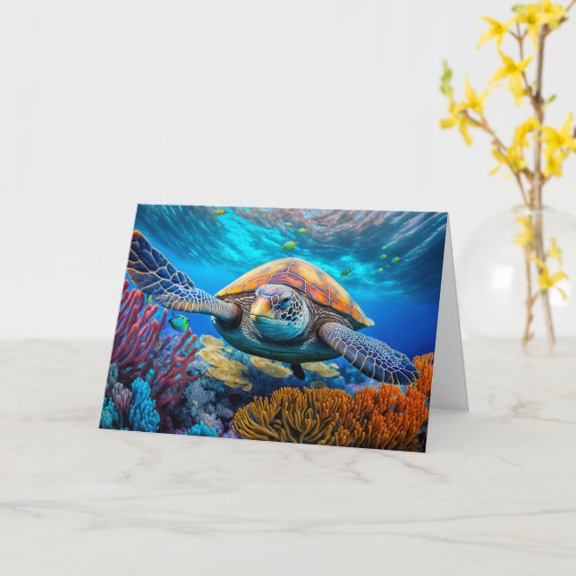 Swimming Sea Tortoise Happy Birthday Card (Yellow Flower)